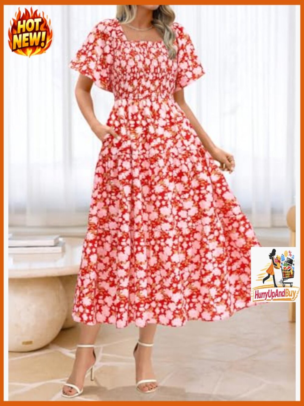 Boho Floral Maxi Dress Smocked Bust Square Neck Short Sleeve Casual Beach - Picture 3 of 7